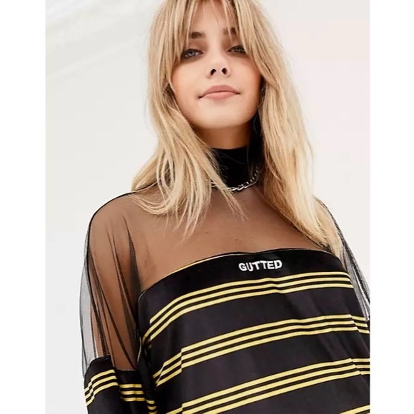 The Ragged Priest Velour Stripe GUTTED Mesh Panel T-Shirt Dress - Picture 2 of 12